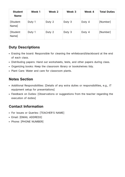 Free Class Duty Roster Template to Edit Online
