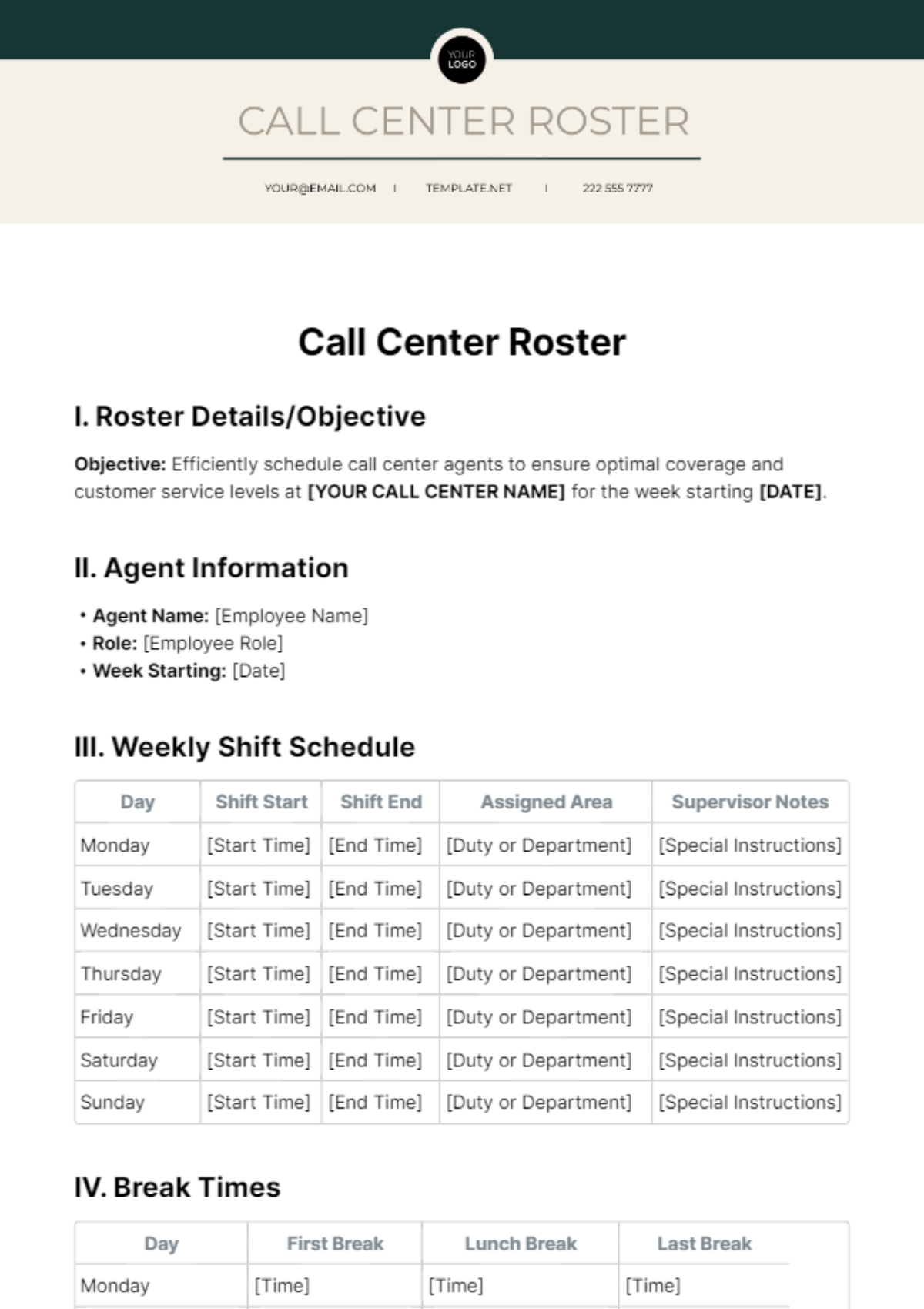 Free Call Center Roster Template