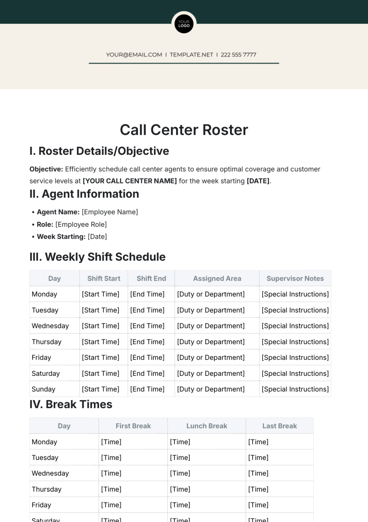 Call Center Roster Template