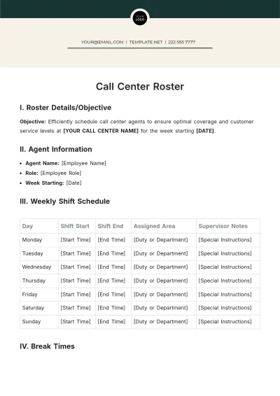 Free Call Center Roster Template to Edit Online