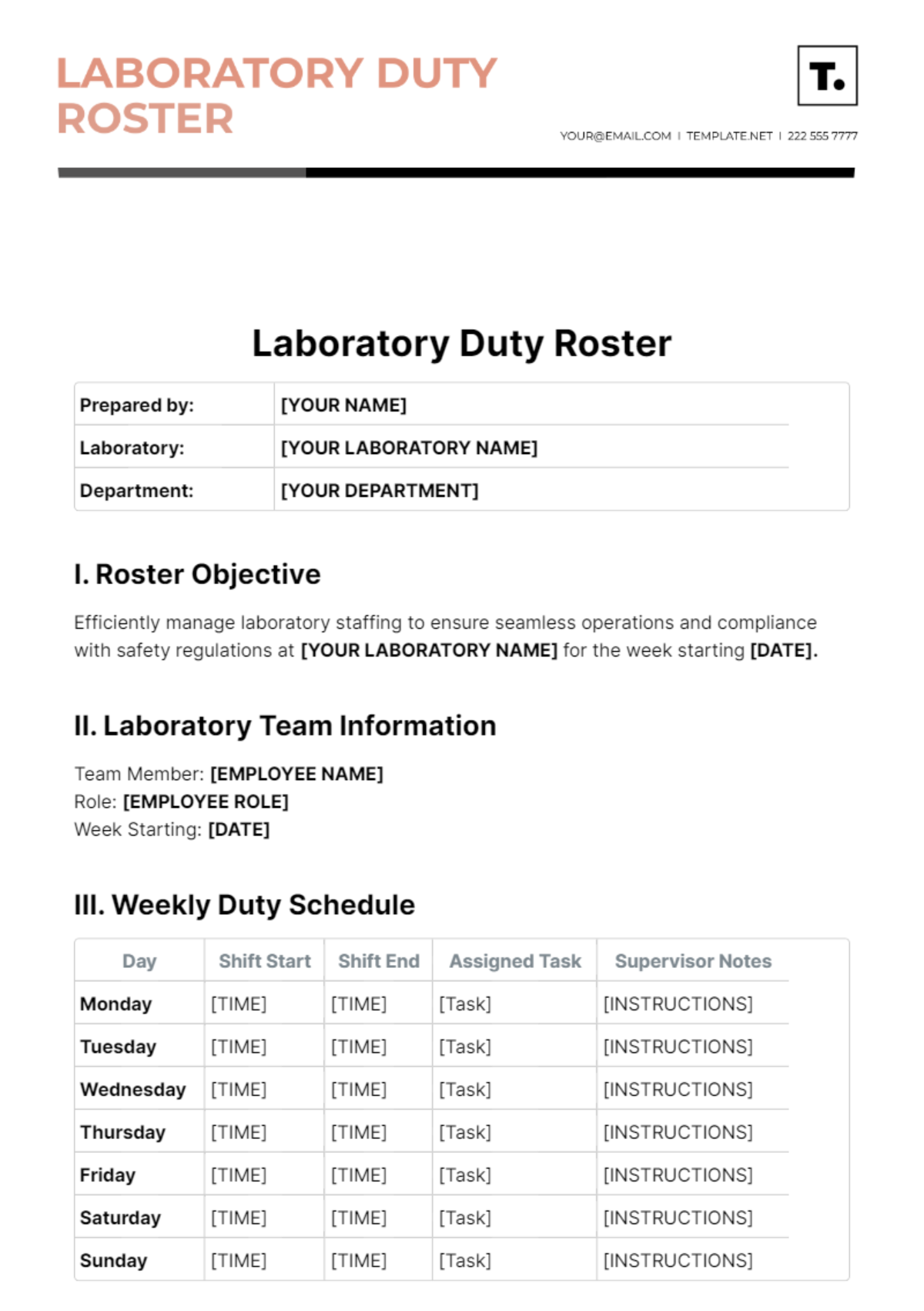Laboratory Duty Roster Template