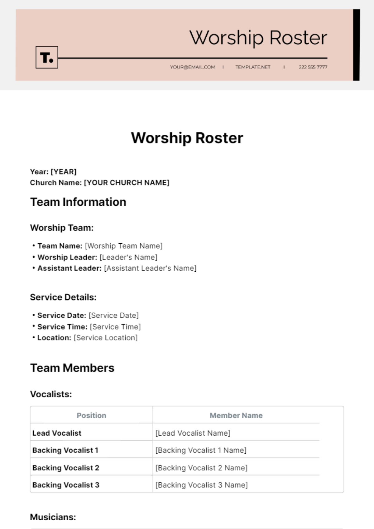 Free Worship Roster Template