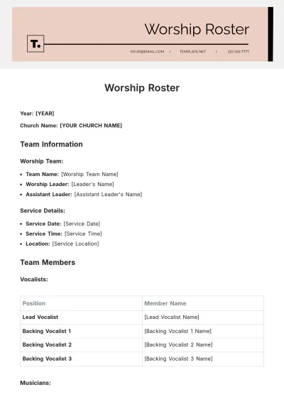 Free Worship Roster Template to Edit Online