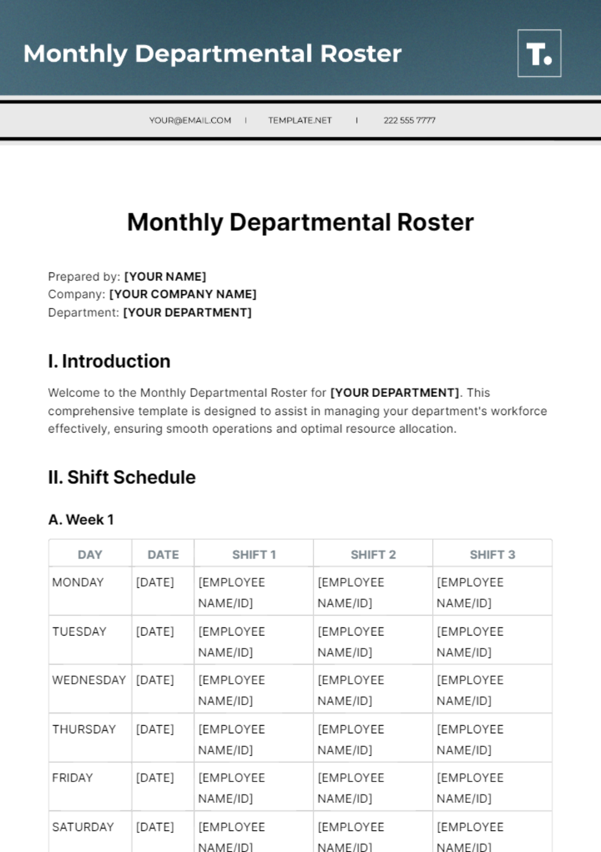 Monthly Departmental Roster Template