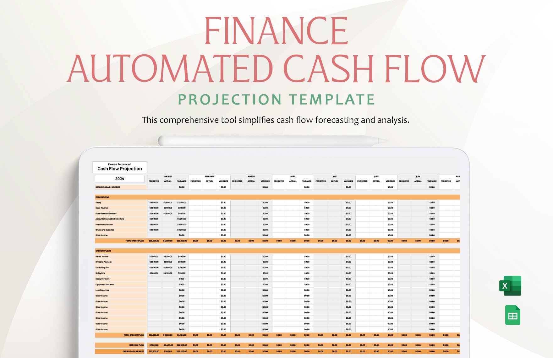 Finance Automated Cash Flow Projection Template in Excel, Google Sheets