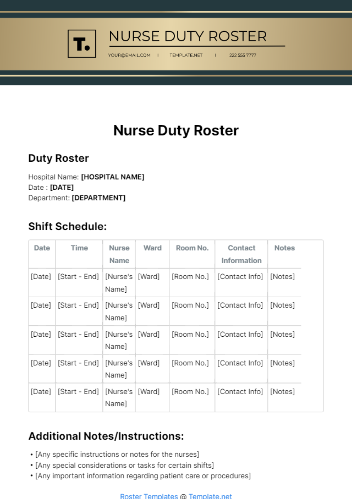 Free Nurse Duty Roster Template