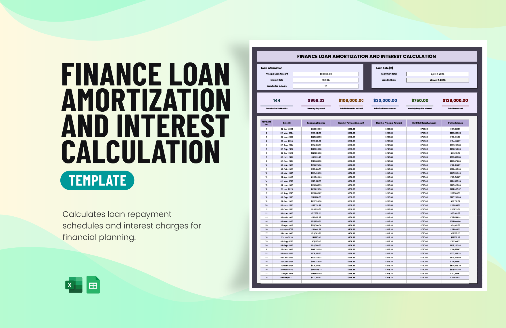 Finance Loan Amortization and Interest Calculation Template in Excel, Google Sheets
