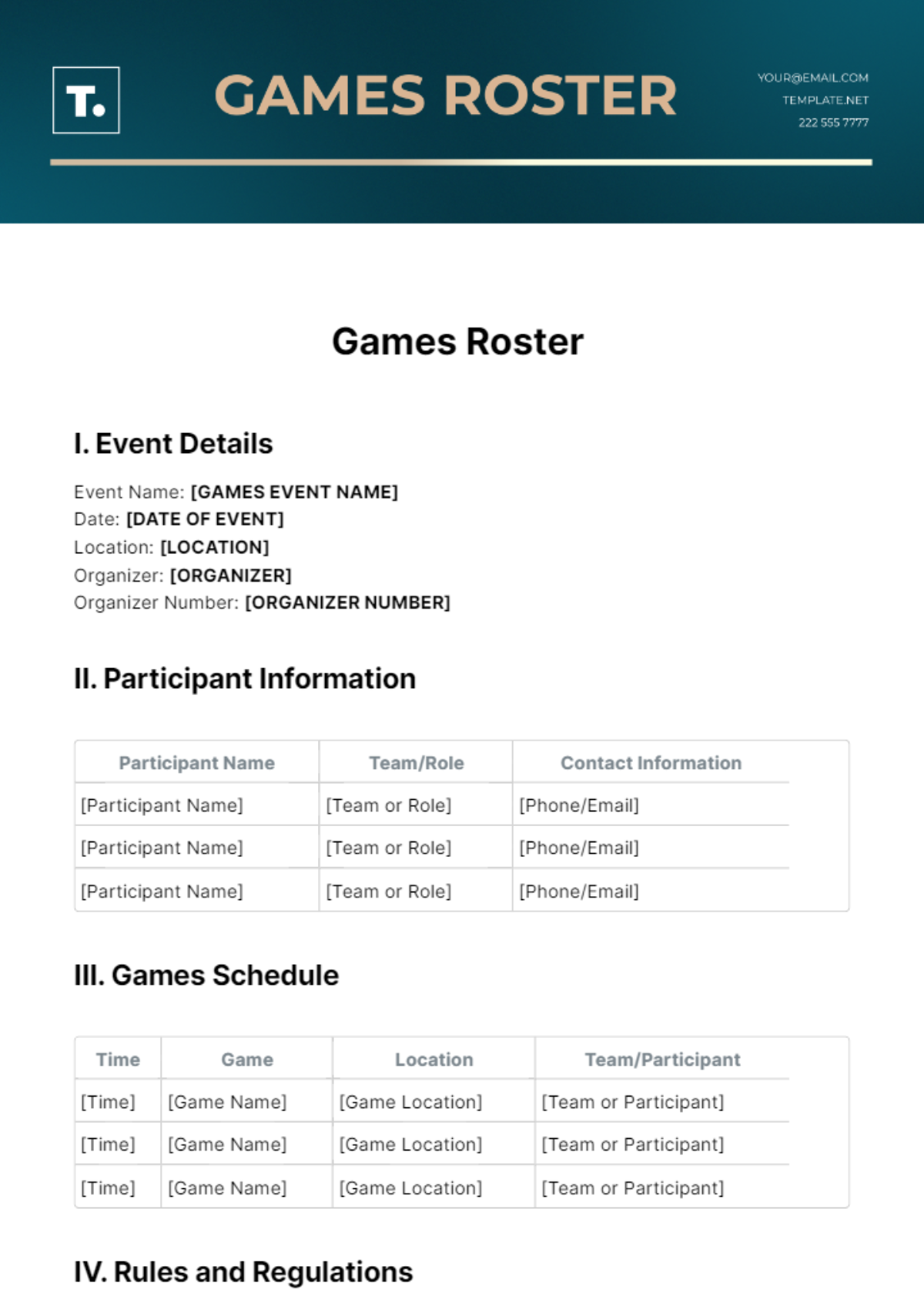 Free Games Roster Template