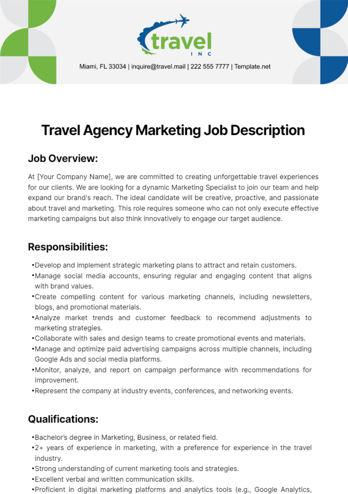 Free Travel Agency Marketing Job Description Template