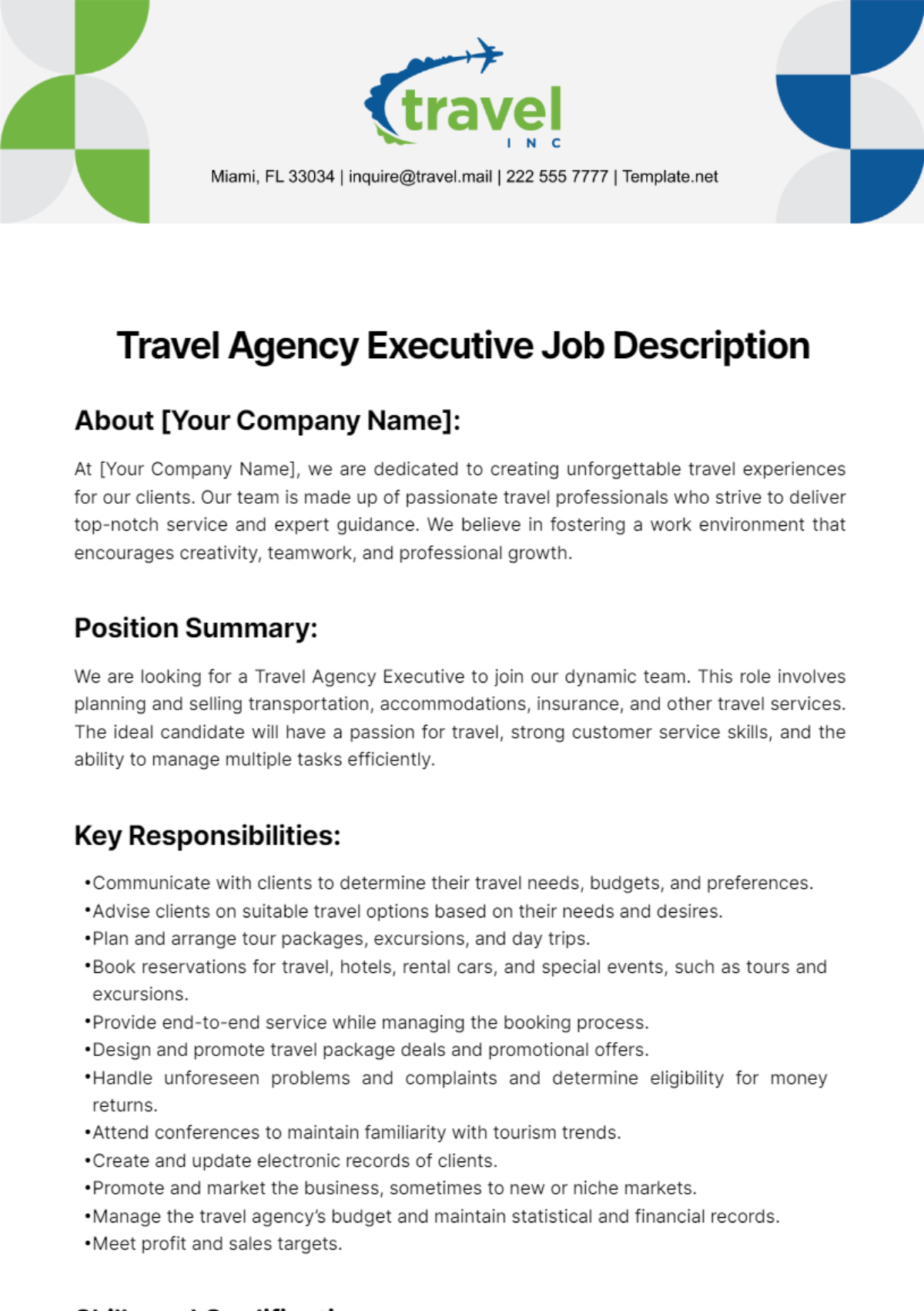Travel Agency Executive Job Description Template