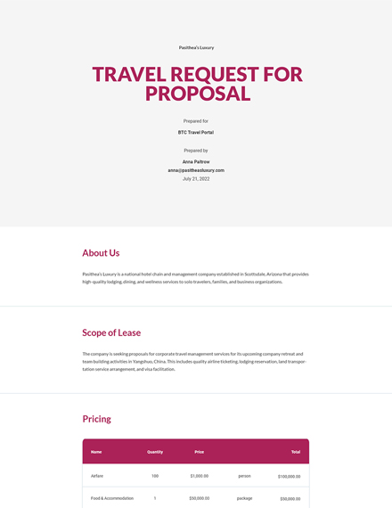 Travel Request for Proposal Template - Google Docs, Word, Apple Pages