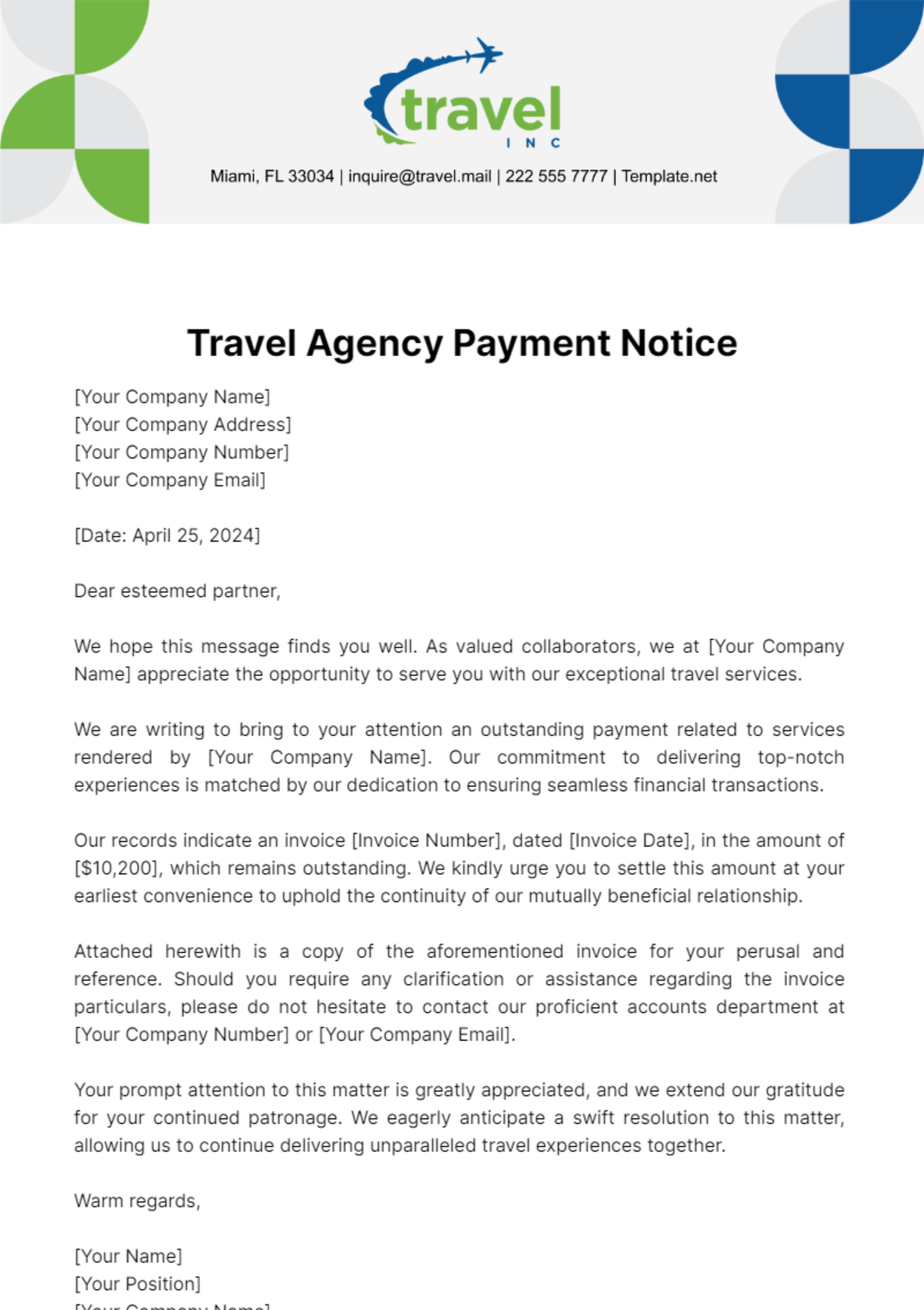 Travel Agency Payment Notice Template