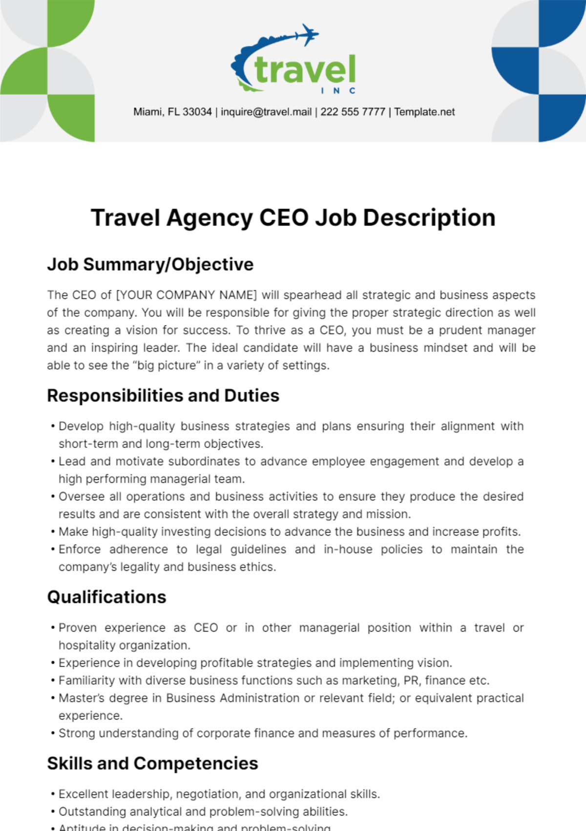 Free Travel Agency CEO Job Description Template
