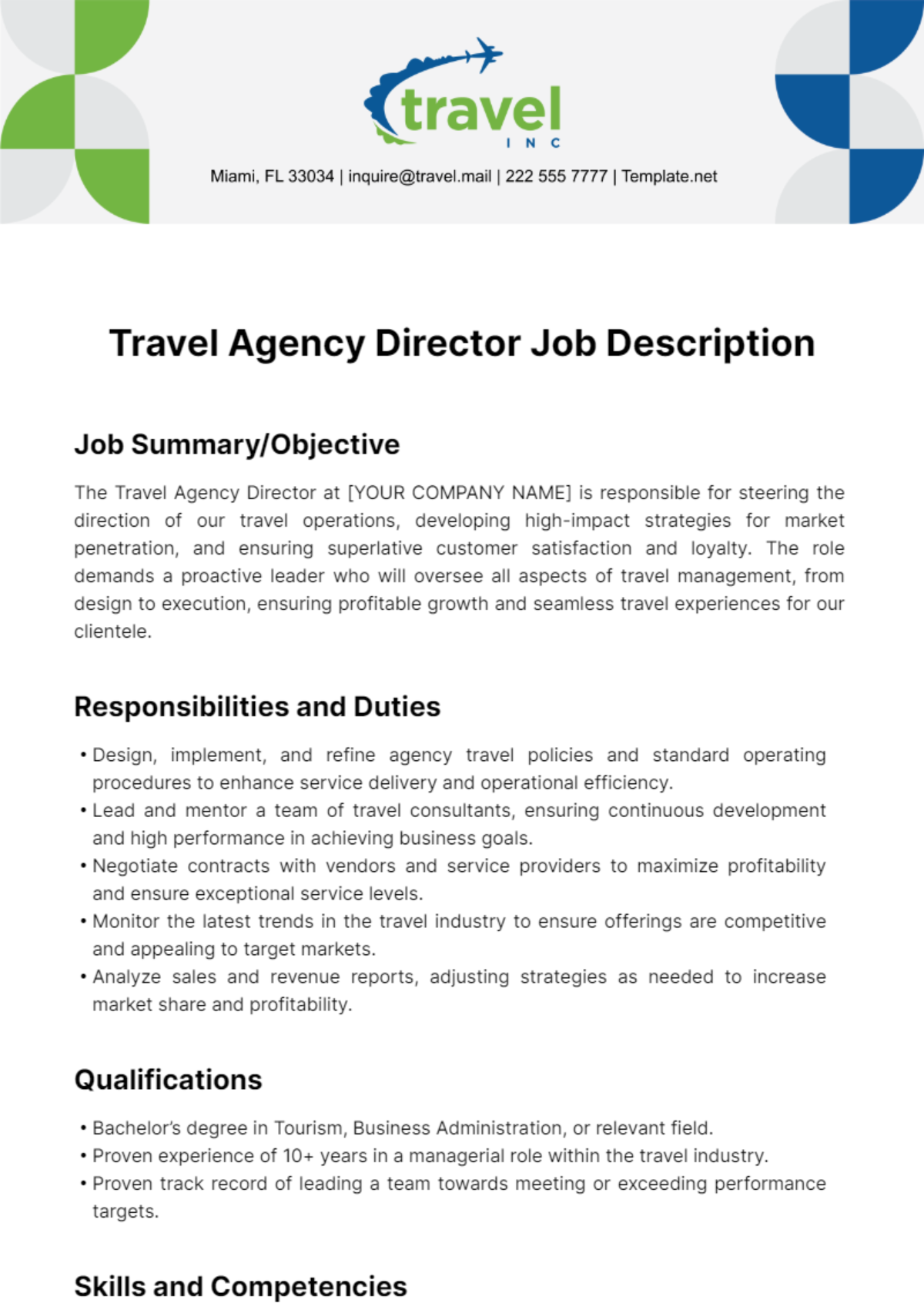 Free Travel Agency Director Job Description Template