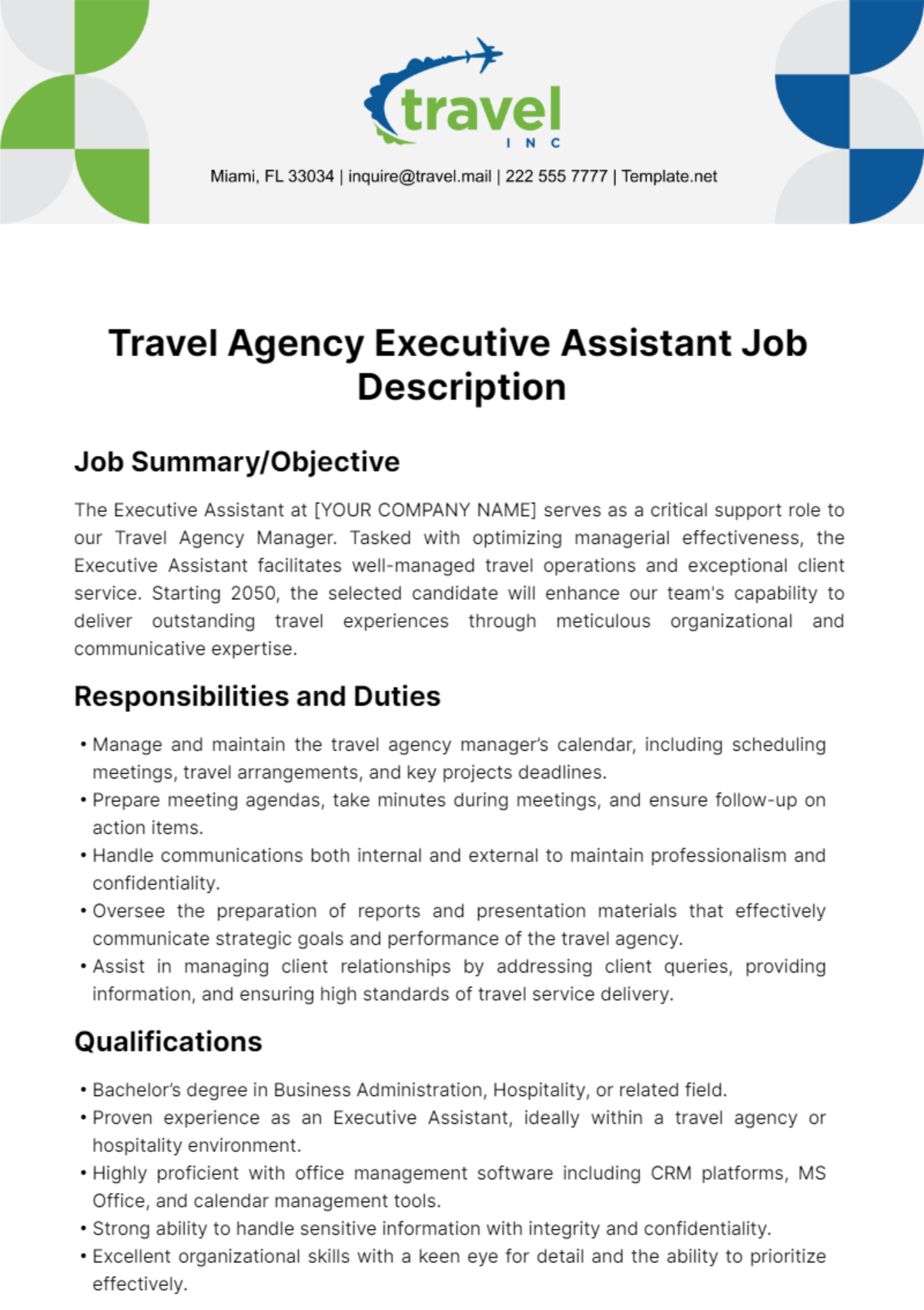 Travel Agency Executive Assistant Job Description Template