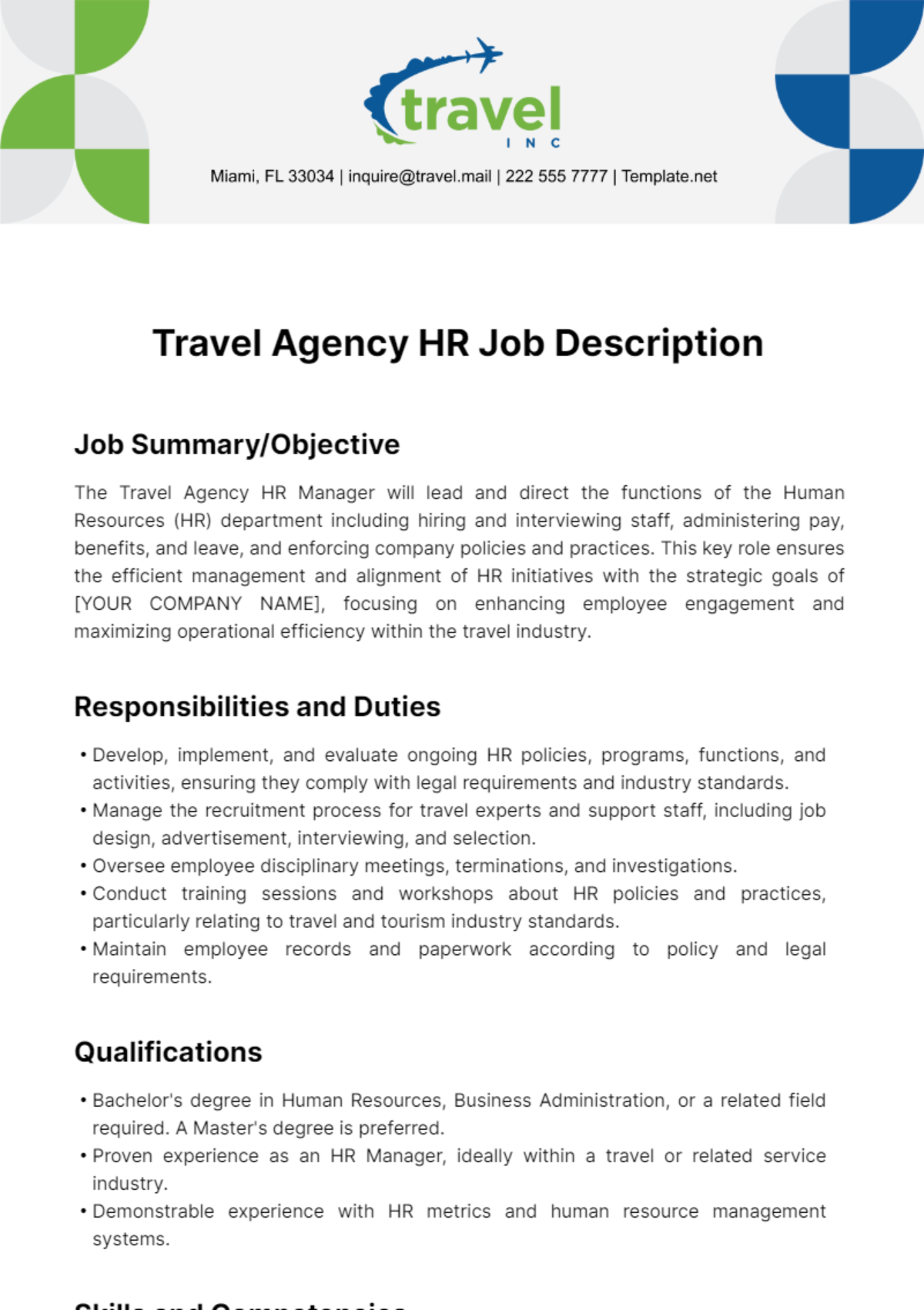 Free Travel Agency HR Job Description Template