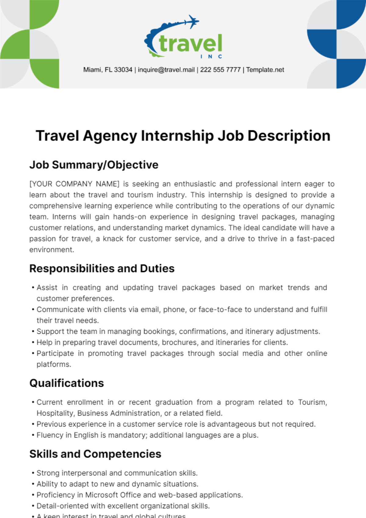 Free Travel Agency Internship Job Description Template
