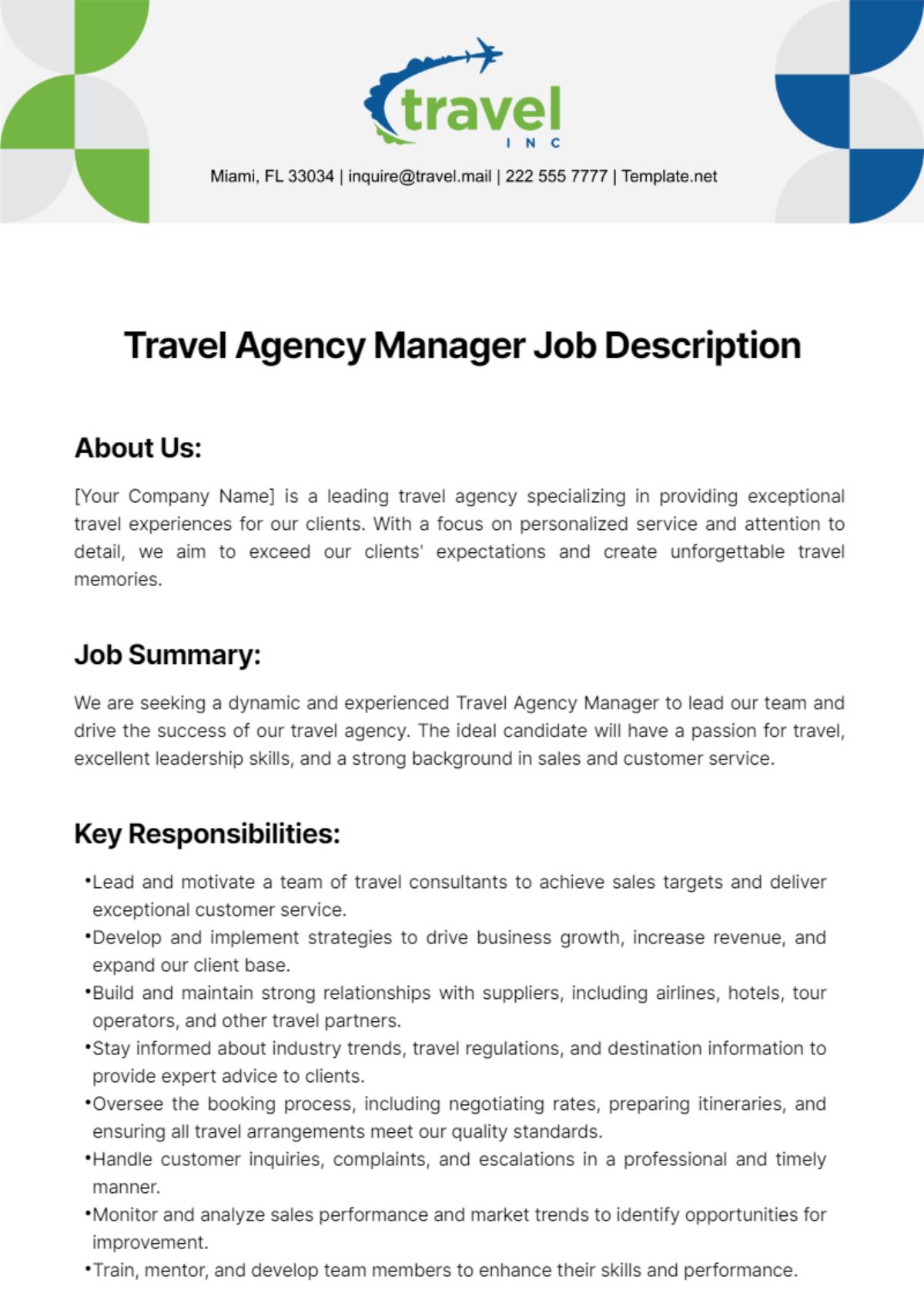 Travel Agency Manager Job Description Template