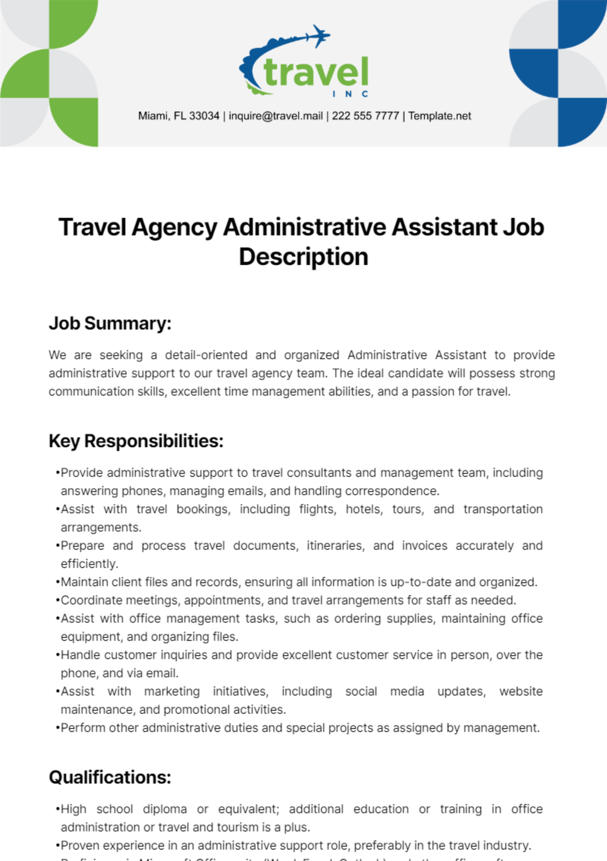 Free Travel Agency Administrative Assistant Job Description Template