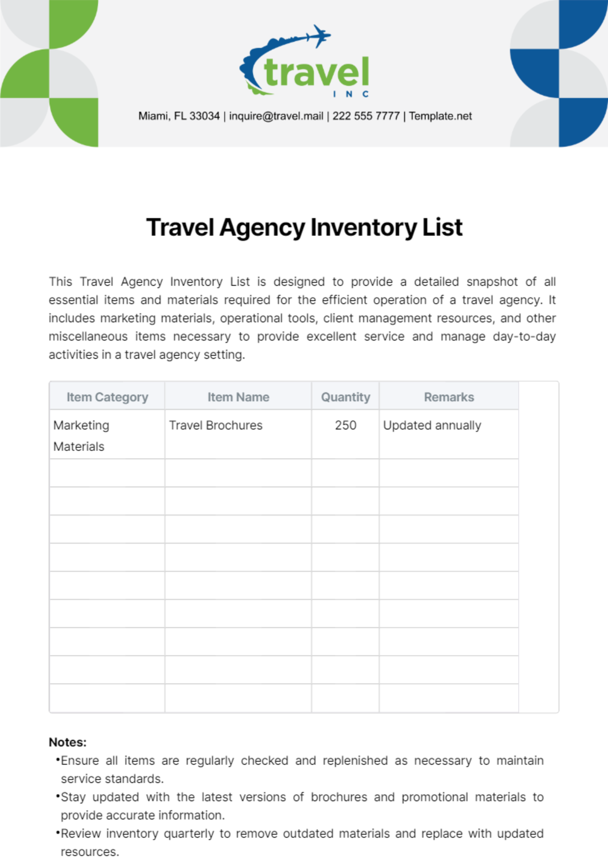 Travel Agency Inventory List Template