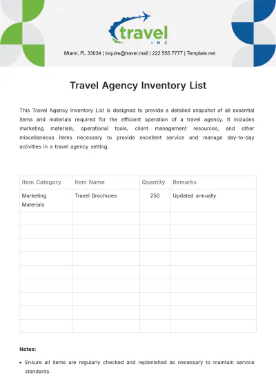 Free Travel Agency Inventory List Template to Edit Online