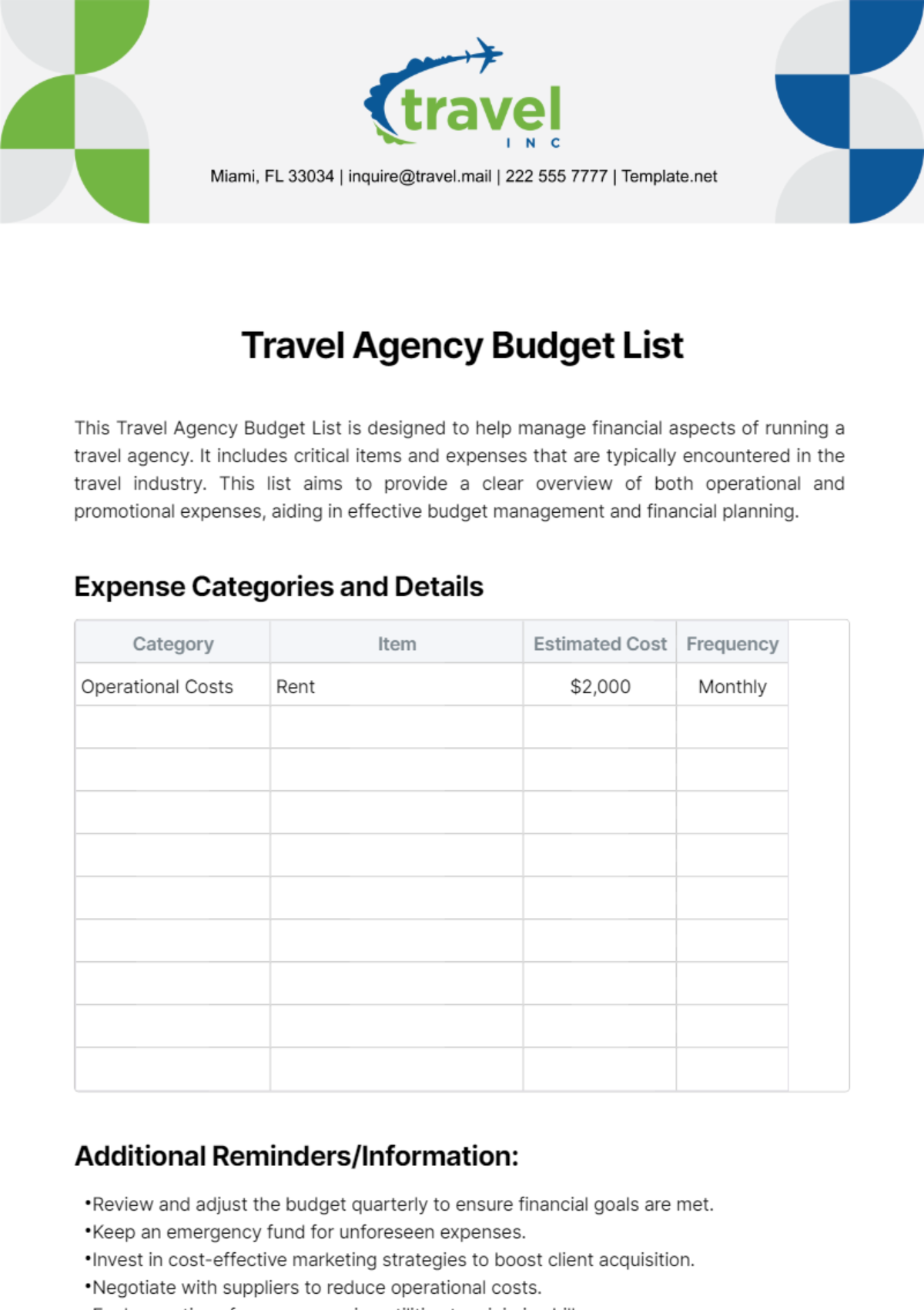 Travel Agency Budget List Template