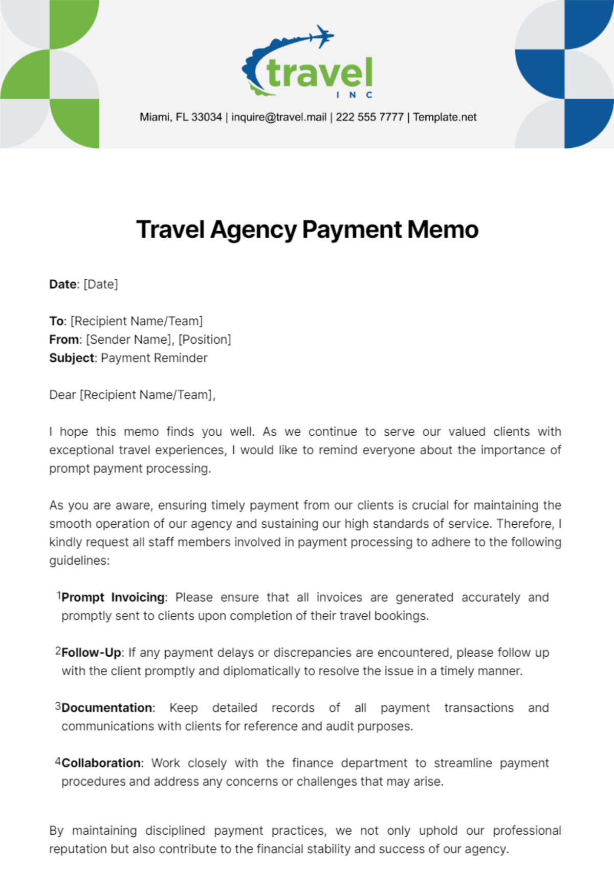 Travel Agency Payment Memo Template