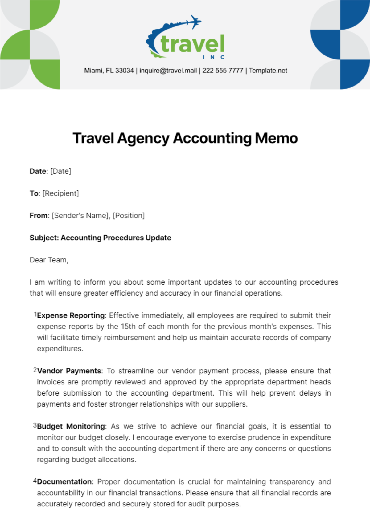 Travel Agency Accounting Memo Template