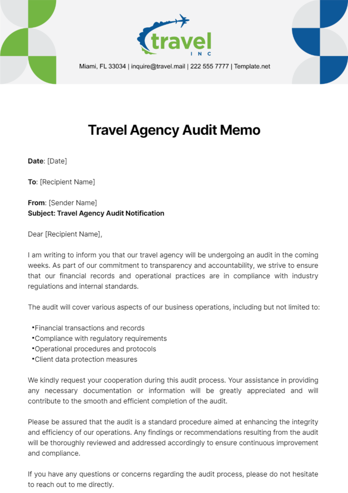 Free Travel Agency Audit Memo Template