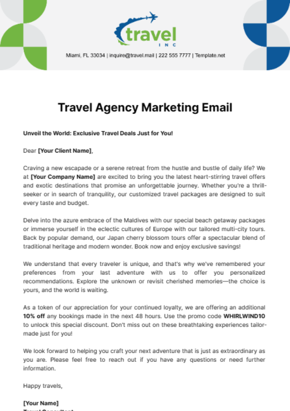 Free Travel Agency Marketing Email Template