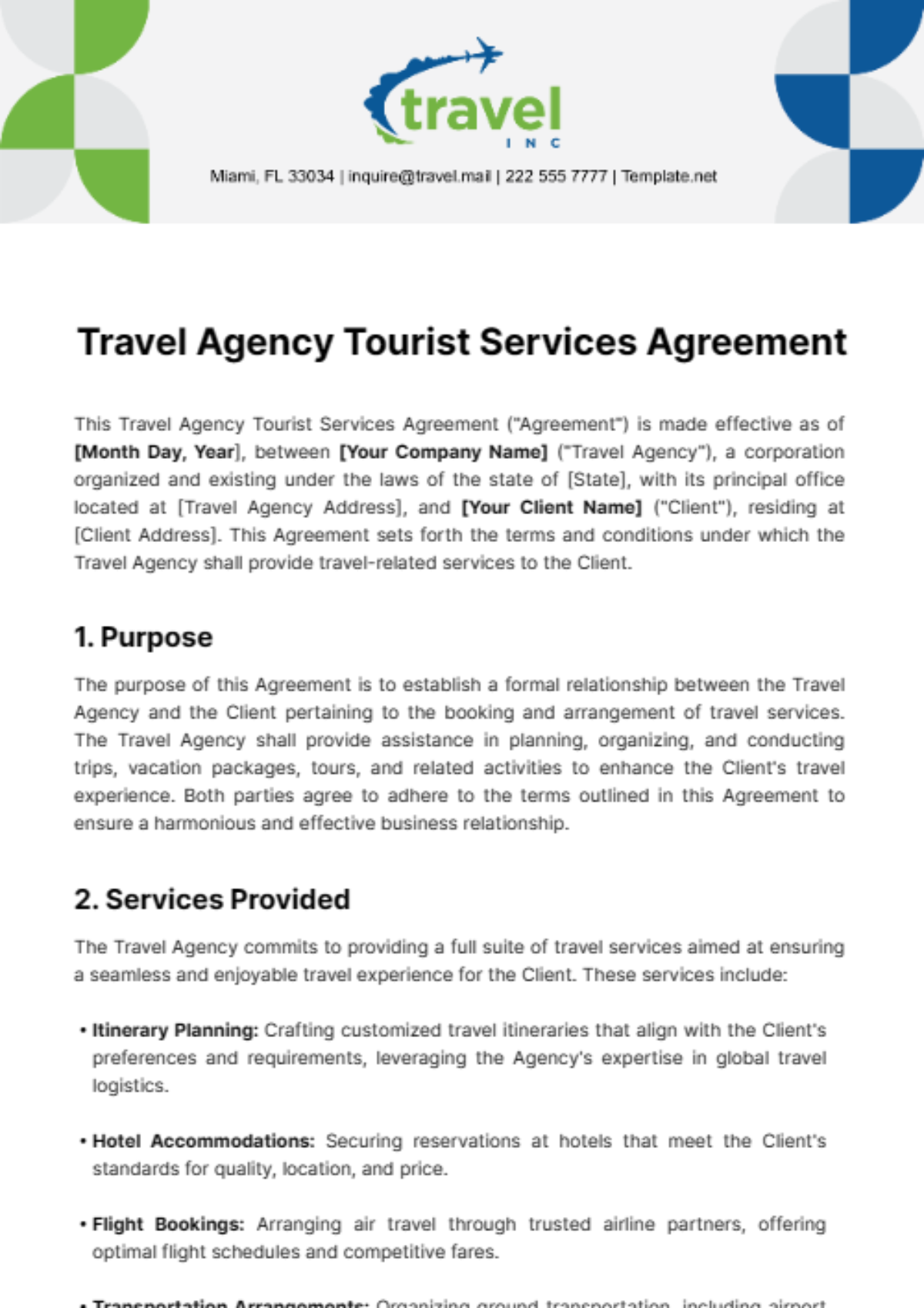Free Travel Agency Tourist Services Agreement Template