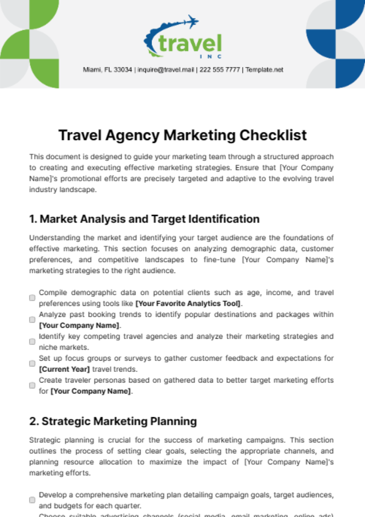 Free Travel Agency Marketing Checklist Template