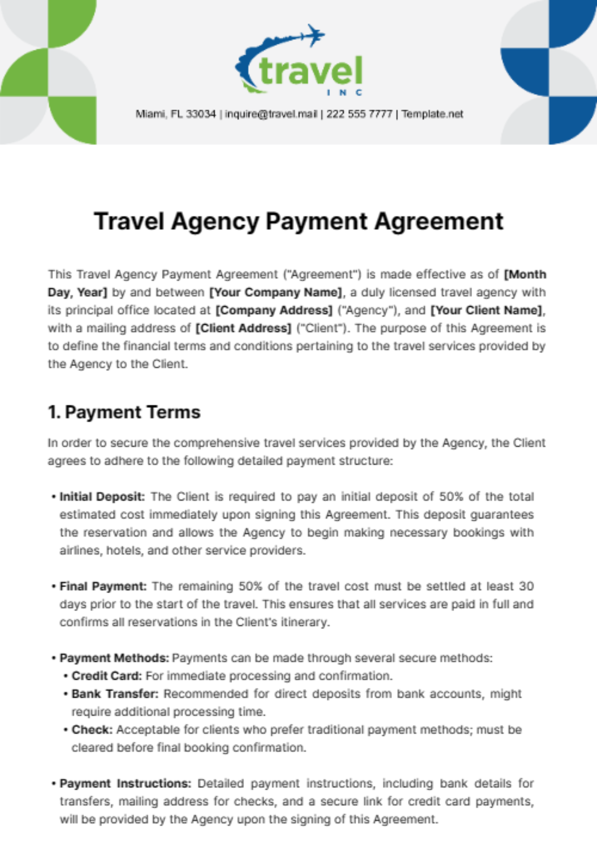 Travel Agency Payment Agreement Template