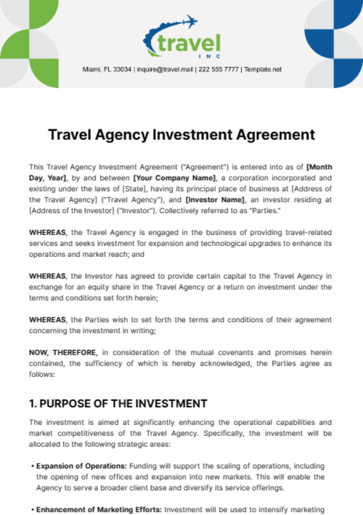 Travel Agency Investment Agreement Template