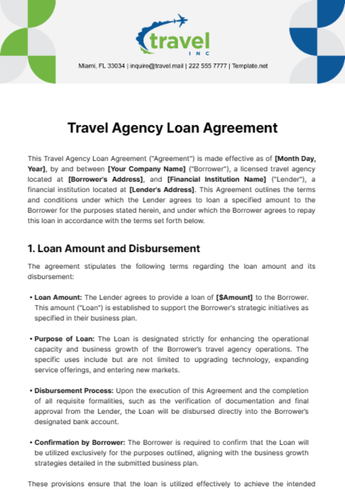 Travel Agency Loan Agreement Template