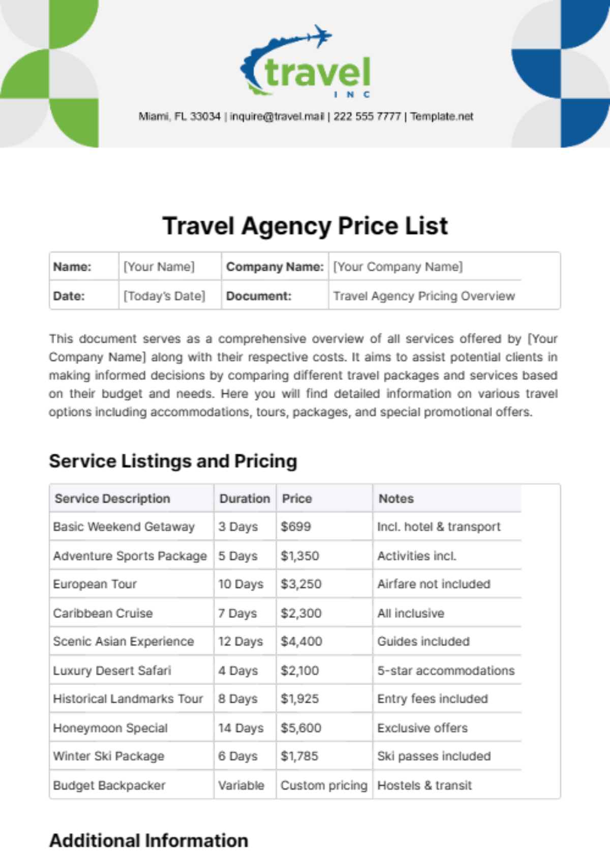 Free Travel Agency Price List Template