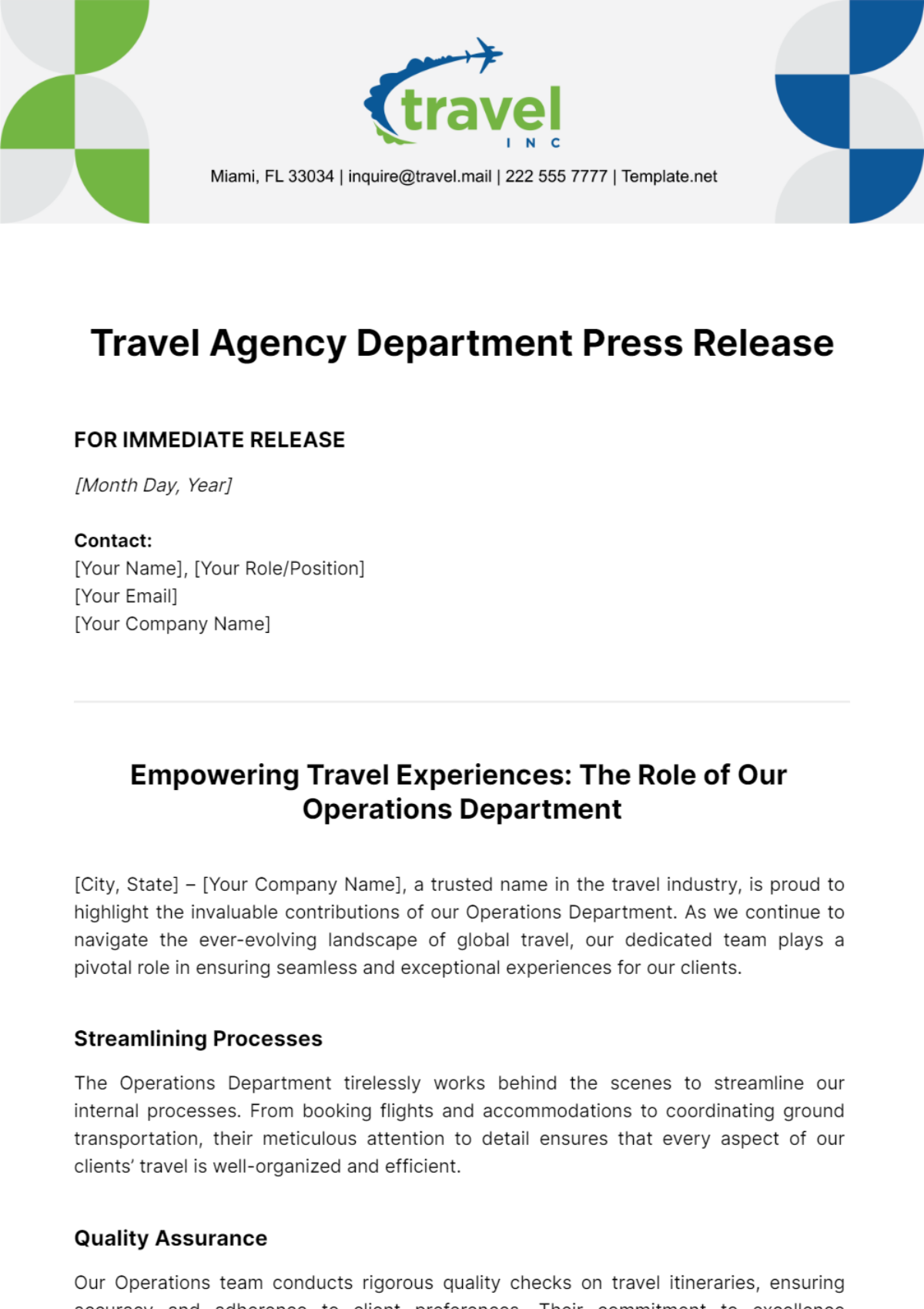 Travel Agency Department Press Release Template