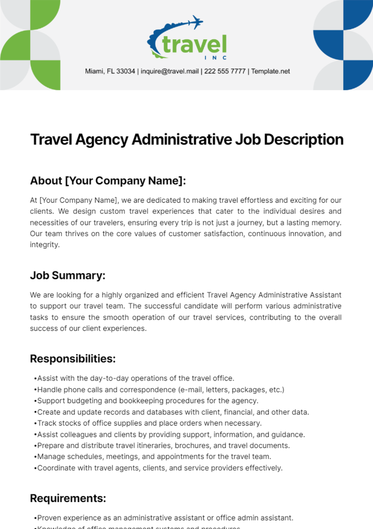 Free Travel Agency Administrative Job Description Template