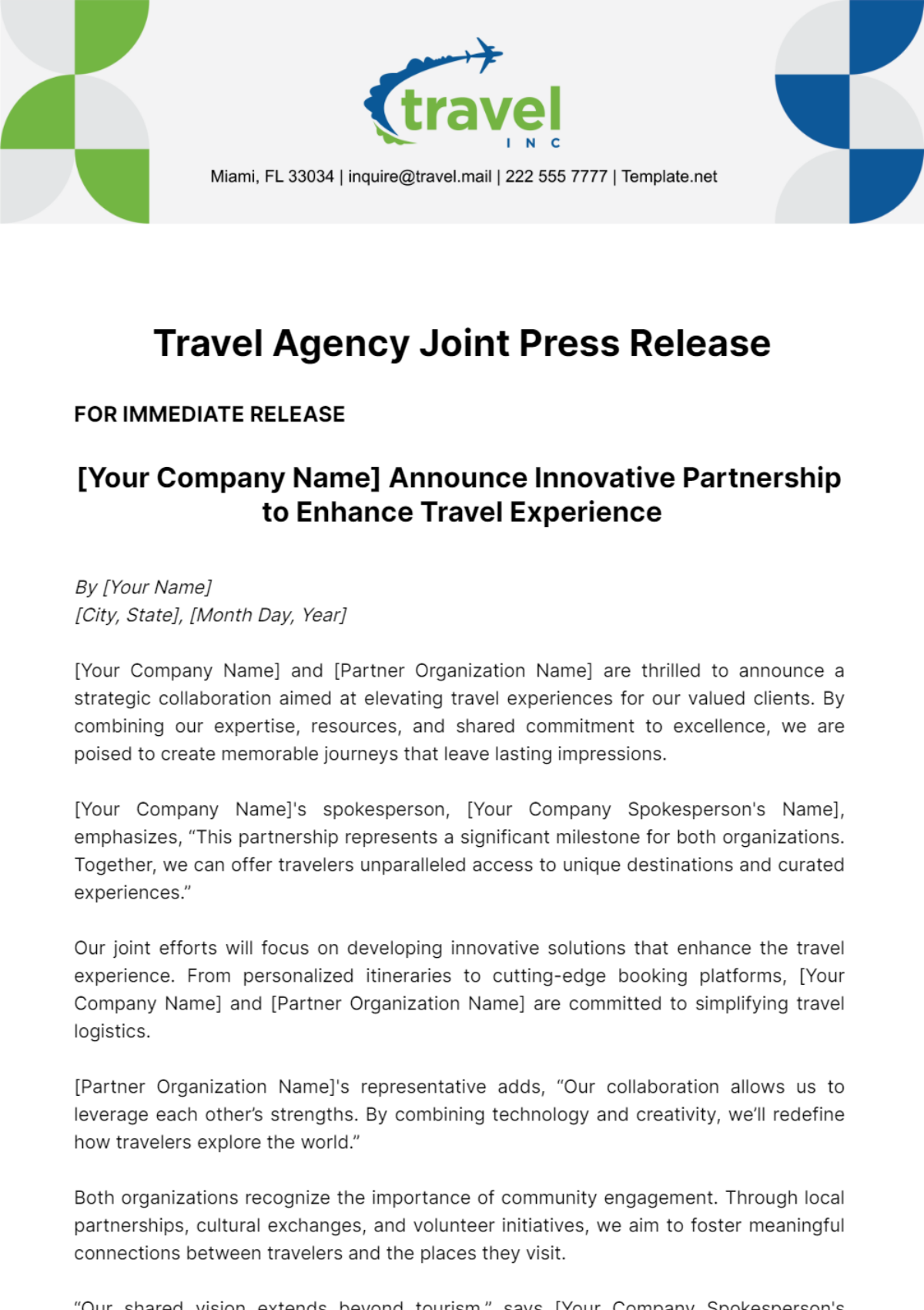 Free Travel Agency Joint Press Release Template