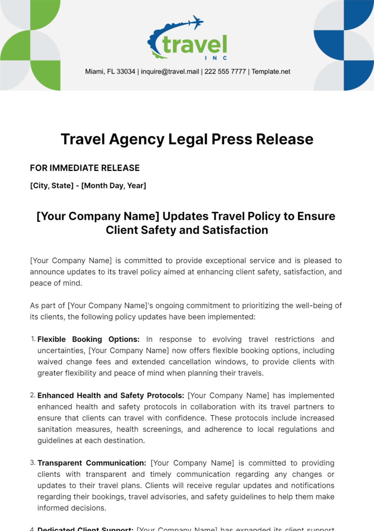 Free Travel Agency Legal Press Release Template