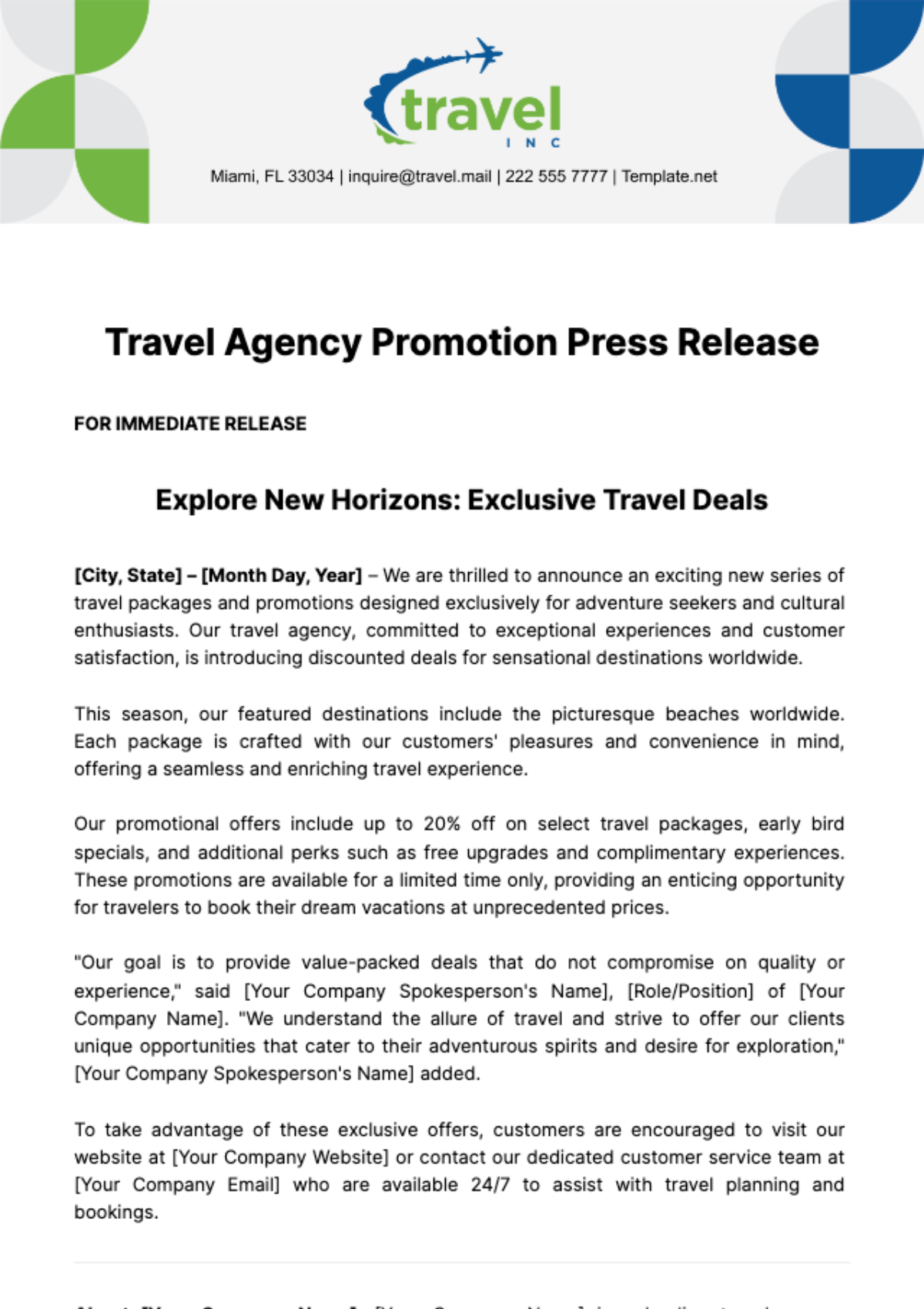 Travel Agency Promotion Press Release Template - Edit Online & Download