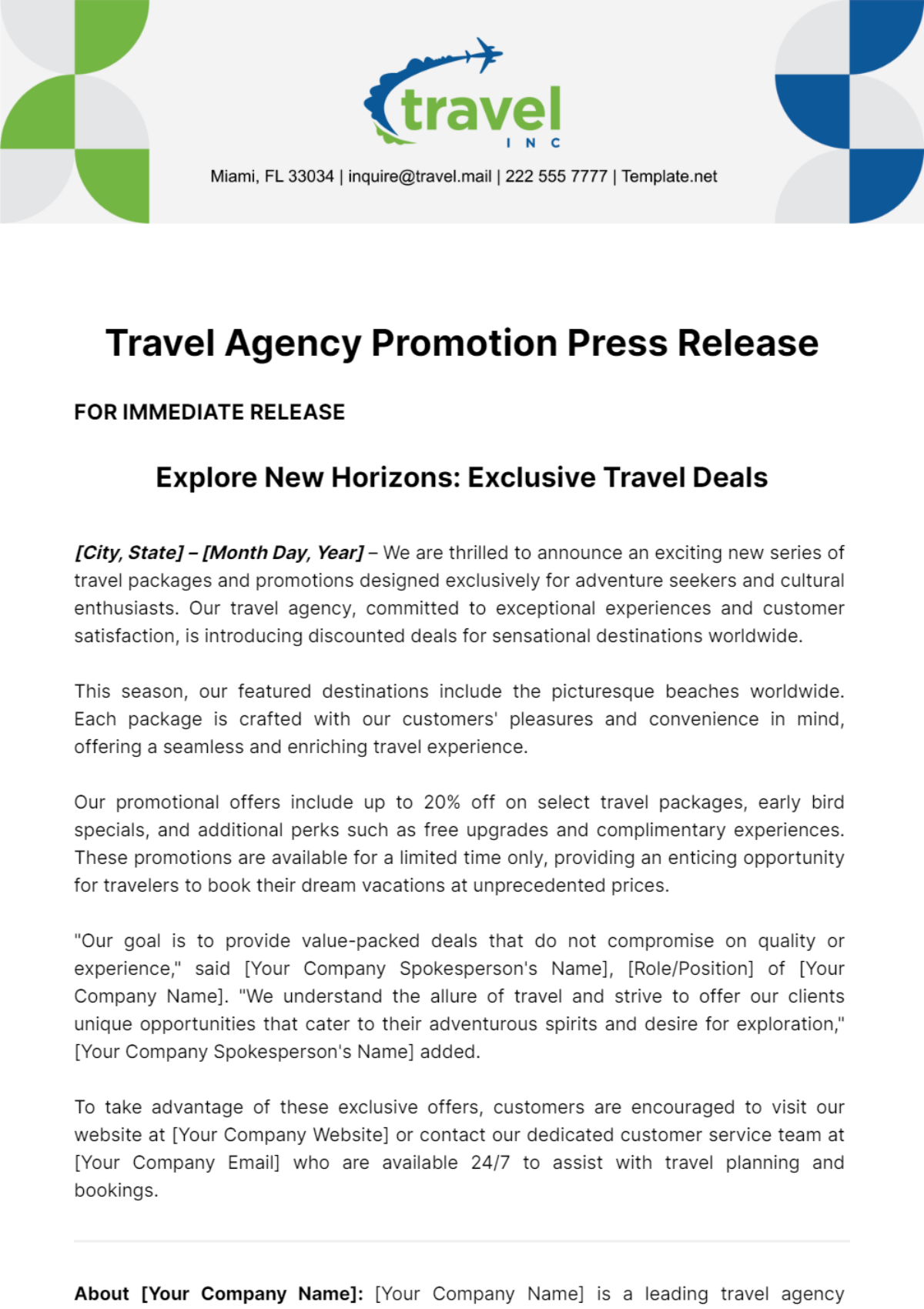 Free Travel Agency Promotion Press Release Template