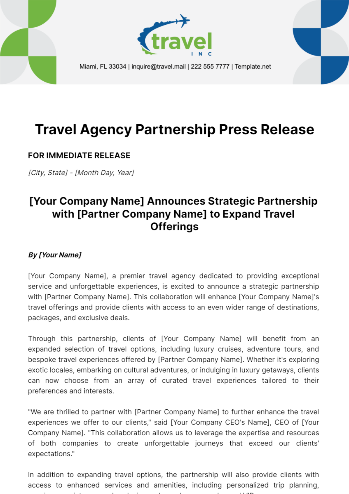 Free Travel Agency Partnership Press Release Template