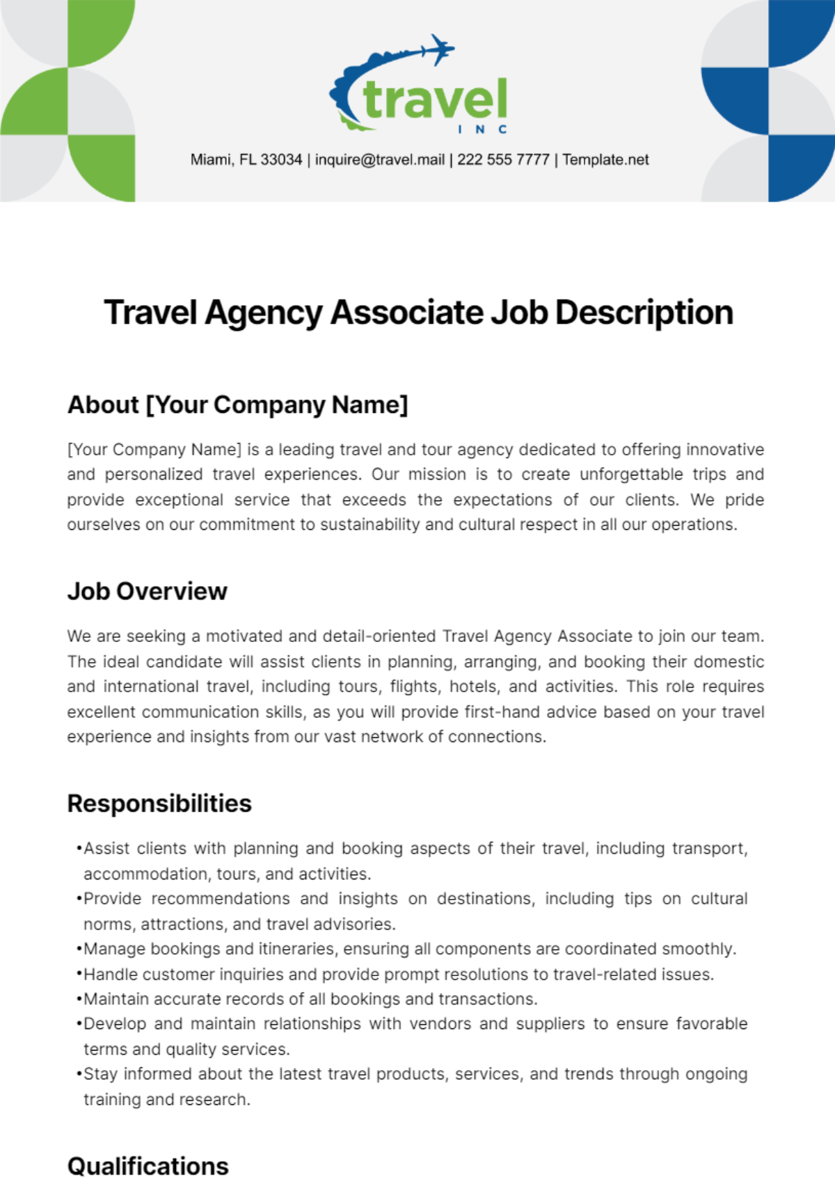 Travel Agency Associate Job Description Template