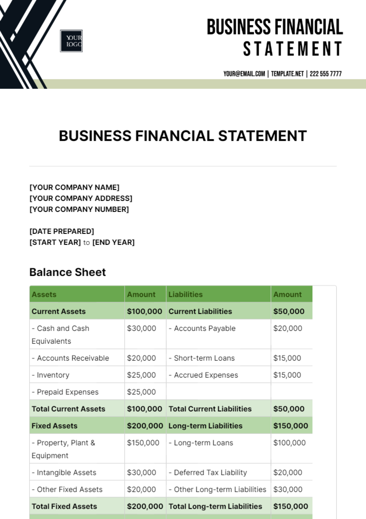Business Financial Statement Template