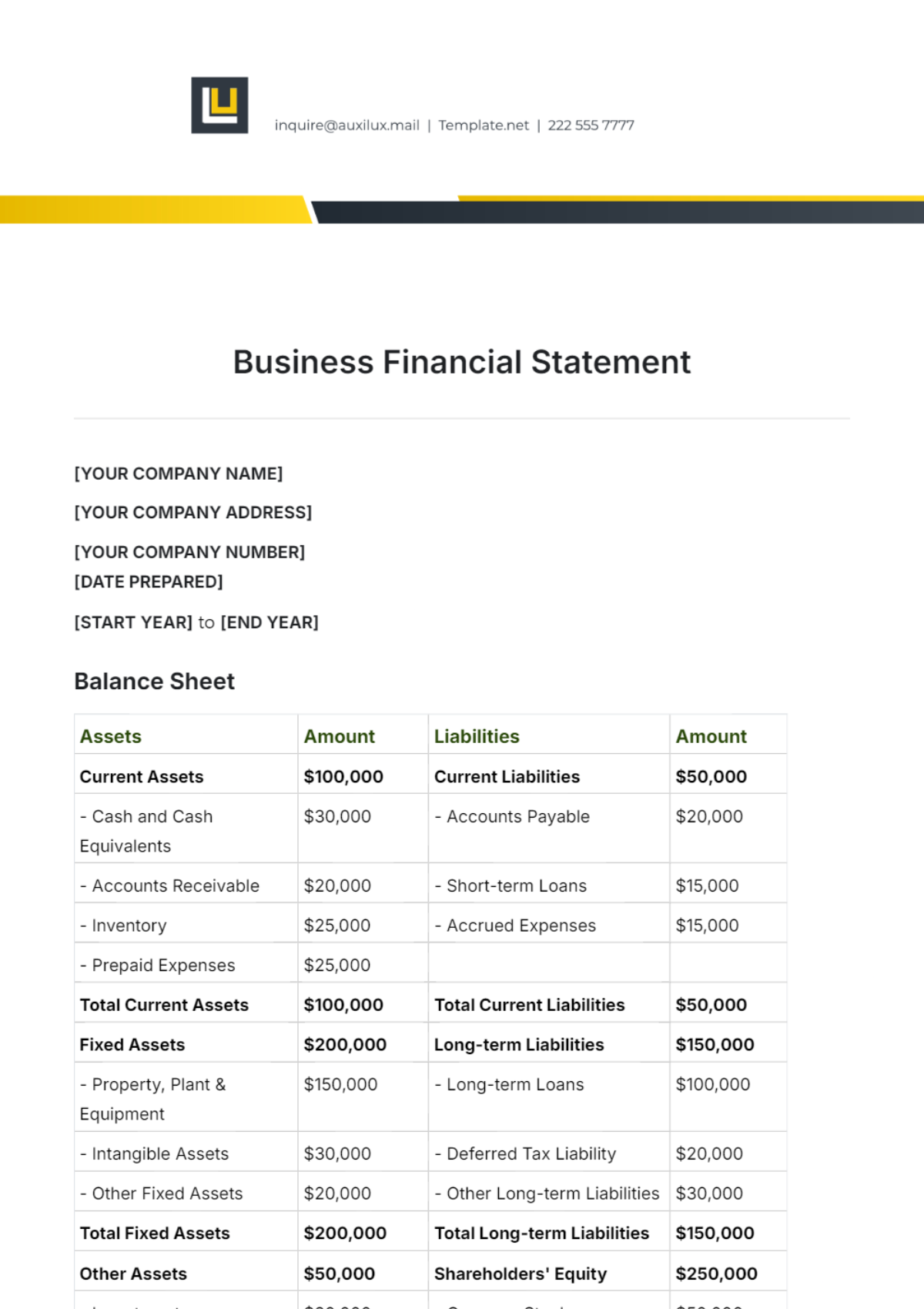 Business Financial Statement Template