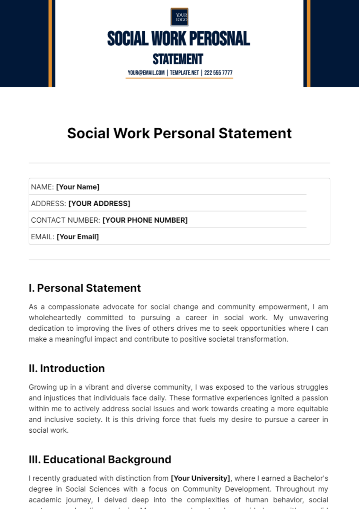 Social Work Personal Statement Template