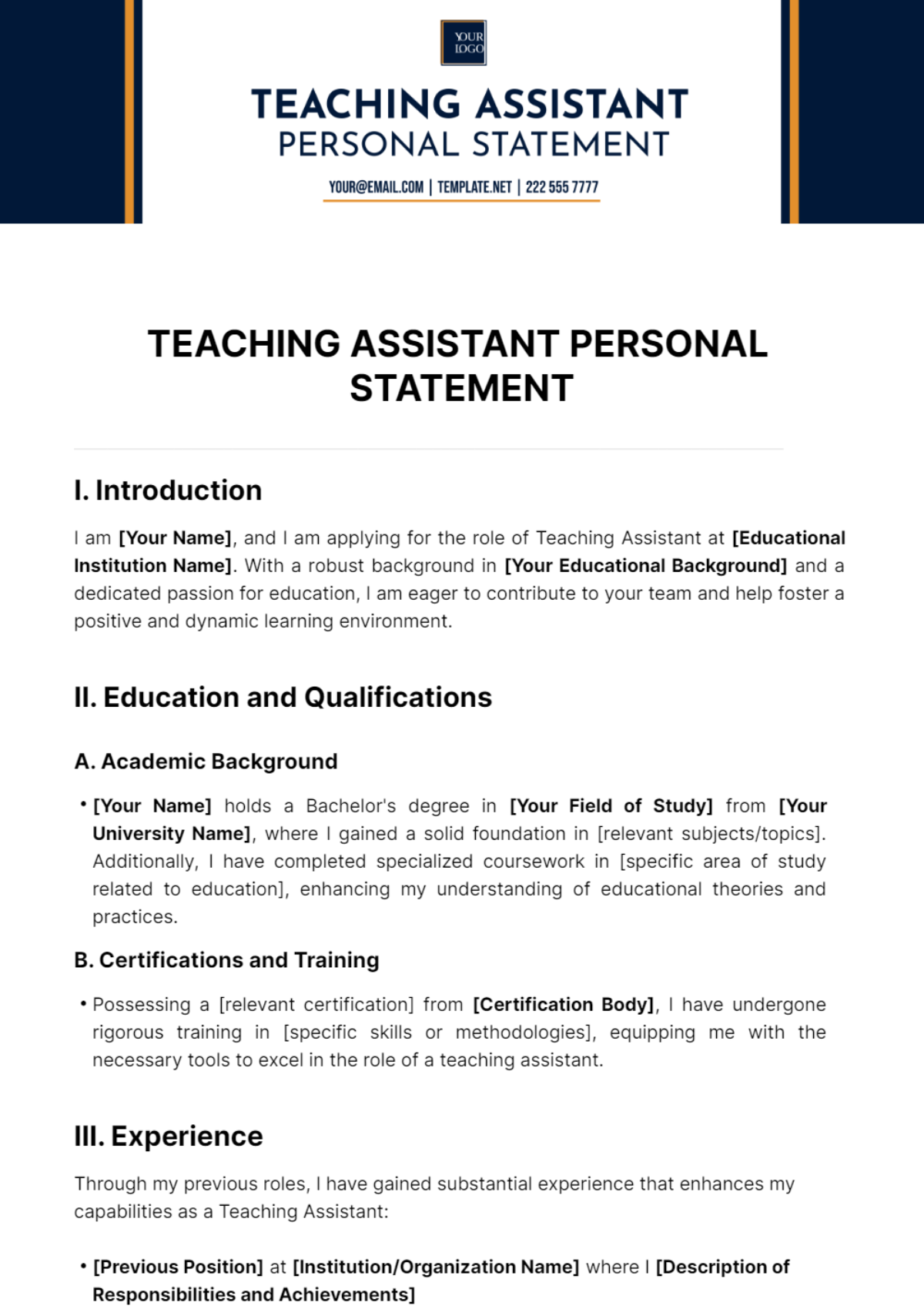 Teaching Assistant Personal Statement Template