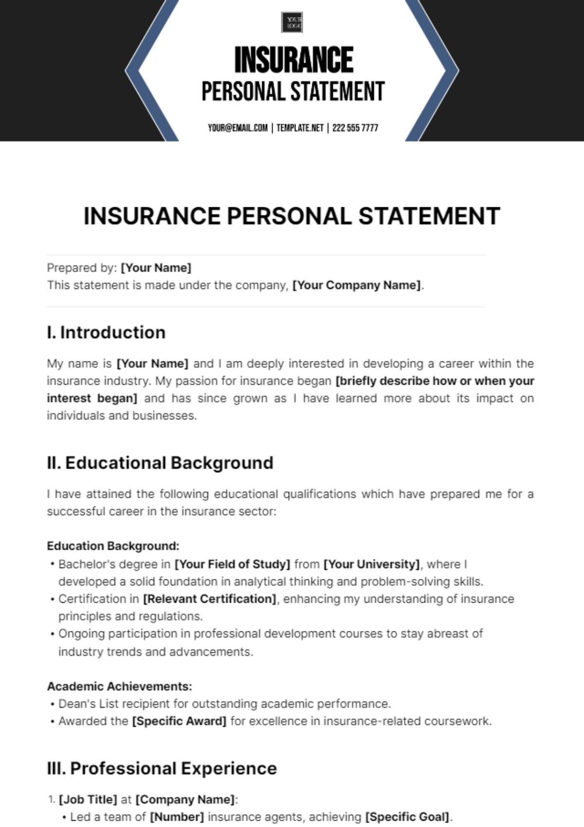 Insurance Personal Statement Template