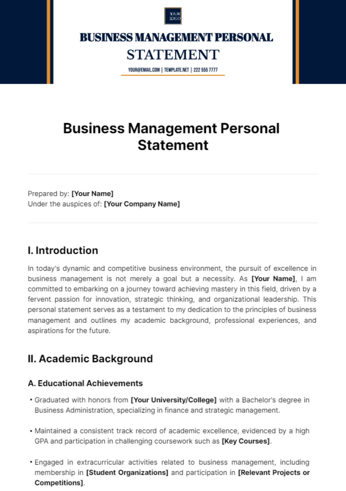 Business Management Personal Statement Template